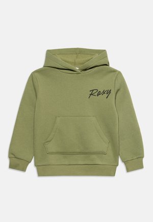 Grøn hættetrøje med frontlomme og sort "Roxy" tekst på venstre bryst, lange ærmer og ribstrikkede manchetter og kant.