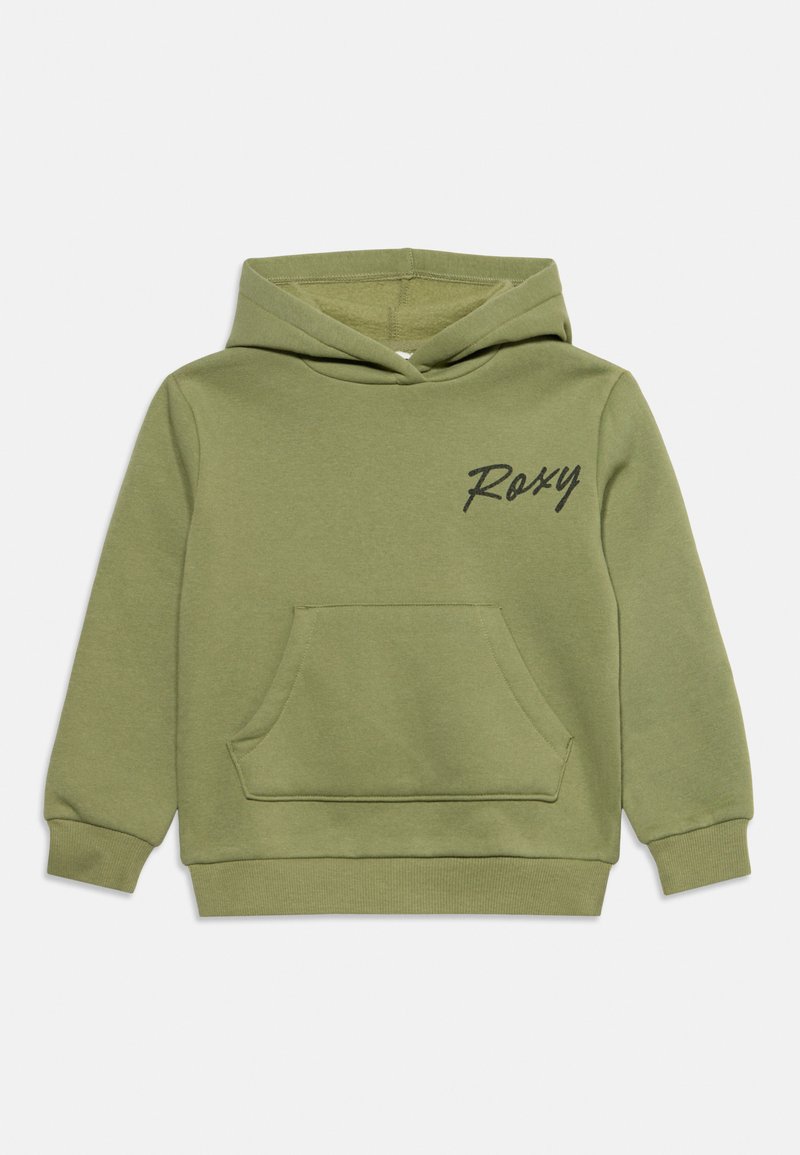 Sweat à capuche vert avec poche kangourou et texte noir "Roxy" sur la poitrine à gauche, manches longues, poignets et ourlet côtelés.