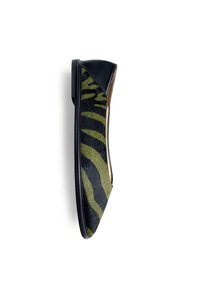 Scarpa piatta con una fantasia a zebre verde e nera, realizzata in materiale testurizzato con retro in pelle nera e design a punta rotonda.