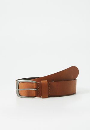 Brown leather belt with a silver metal buckle. Features a smooth texture and a slightly tapered end. Contrast stitching along the edges.