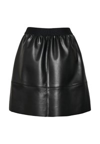 Jupe en cuir noir avec une taille élastique froncée, une texture lisse et des coutures en panneaux. Présente une silhouette élégante en A.