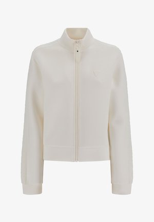 Helle beige Zip-Jacke mit hohem Kragen, gerippten Bündchen und dezentem Logo-Detail auf der Brust; glattes Material und taillierte Passform.