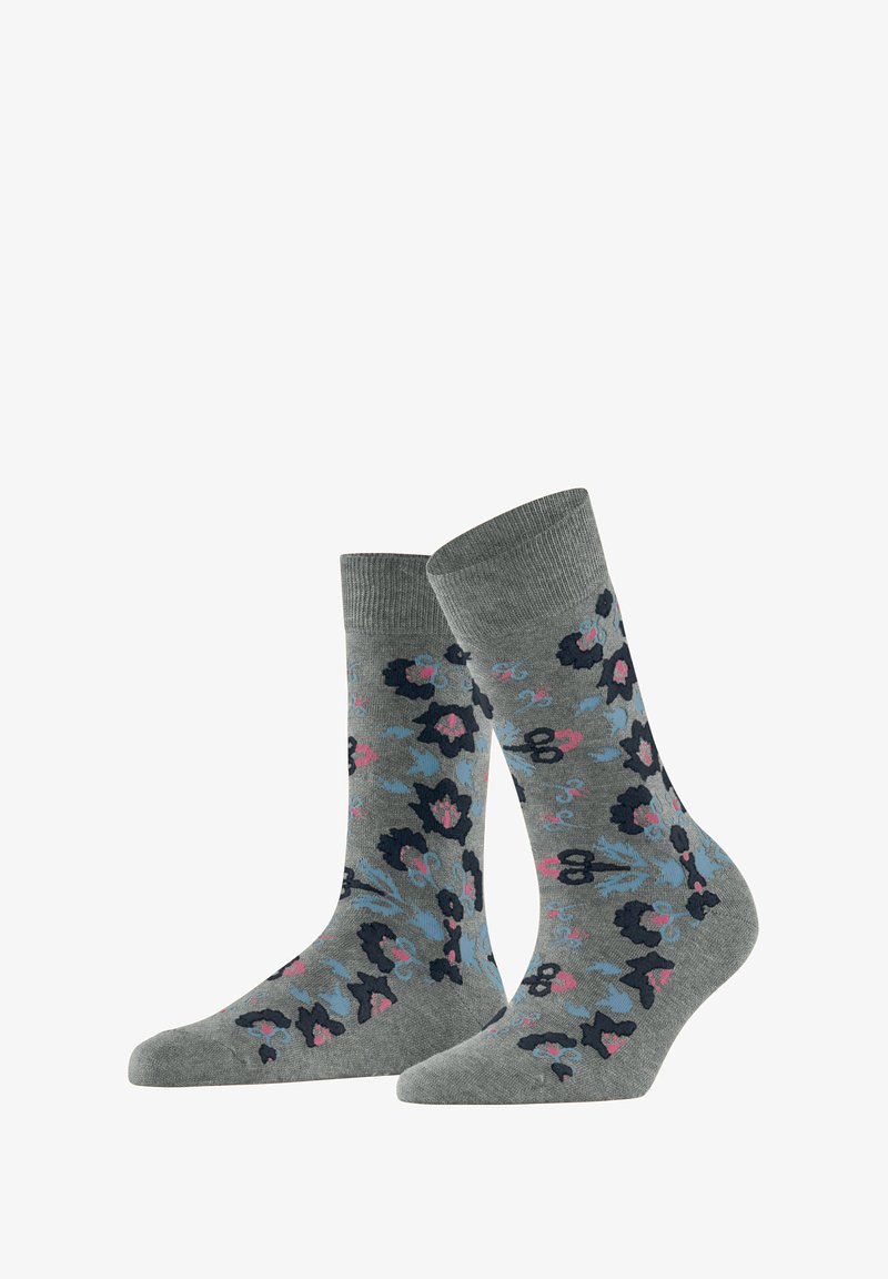 Szare skarpetki z kwiatowym wzorem w ciemnym niebieskim, różowym i jasnoniebieskim. Materiał ma gładką fakturę z prążkowanymi mankietami.