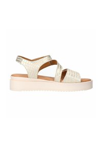 Wedge sandals in metallic gold with crocodile texture. Crosstrap design with an ankle strap and a light-colored rubber sole.