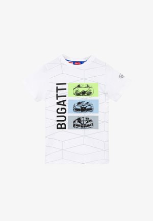 White T-shirt made of cotton featuring geometric line patterns. Centered graphics of Bugatti cars in green, blue, and gray squares. Black text.