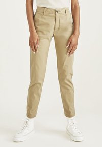 Beige chino's van katoen, met een rechte pijpdesign, voorzakken en een enkele knoopsluiting bij de taille.
