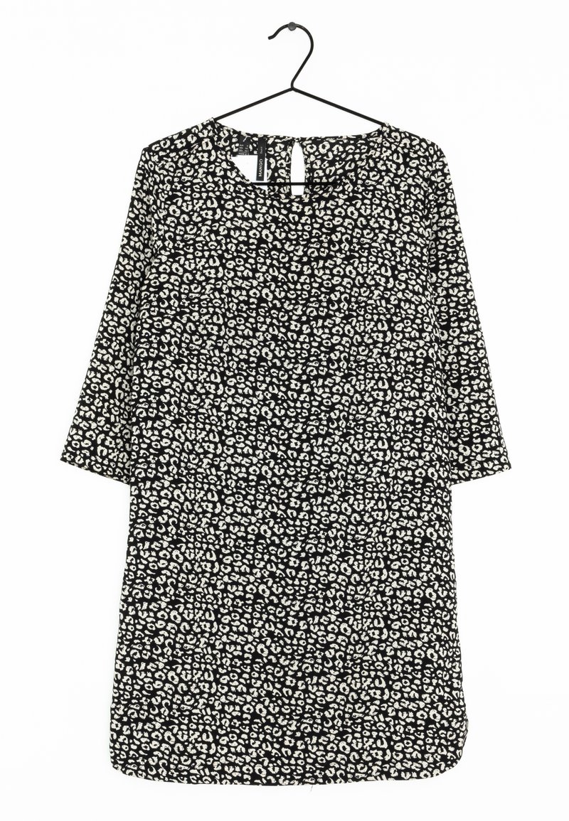 Robe noire avec un motif léopard, manches trois-quarts, détail en forme de clé au dos, fabriquée en tissu léger, texture lisse.