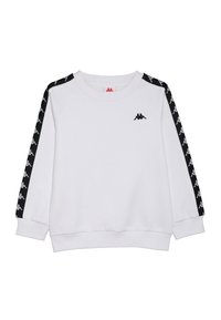 Felpa bianca con strisce nere a motivo lungo le maniche. Presenta uno scollo girocollo a coste e un logo ricamato sul petto.