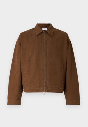 Brown zip-up jacket with a collar, featuring long sleeves, side pockets, and a cropped design in a smooth, textured fabric.