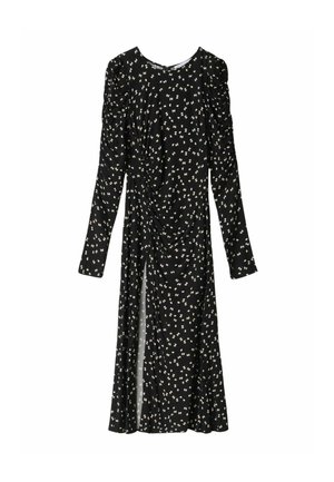 Abito nero con maniche lunghe, caratterizzato da un motivo floreale bianco, corpetto arricciato e uno spacco laterale. Tessuto morbido e leggero con vestibilità rilassata.