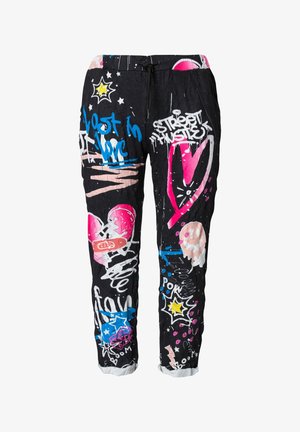 Pantaloni neri con vivaci design graffiti in rosa, blu e bianco, con una texture arricciata e gamba affusolata. Vita elastica con cordoncino.