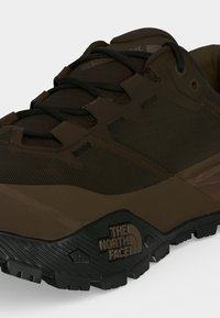 Κοντινό πλάνο ενός καφέ hiking παπουτσιού The North Face, που δείχνει δικτυωτό επάνω μέρος, μαύρα κορδόνια, ανθεκτική σόλα και το λογότυπο The North Face στο πλάι.