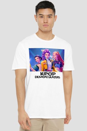 Man wearing white shirt with colorful animated female K-pop characters and "KPOP DEMON HUNTERS" text on front.