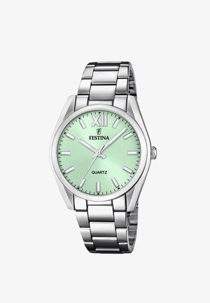 Reloj de pulsera de metal plateado con esfera verde menta, numeral romano XII, marcadores de hora de barra y movimiento de cuarzo de la marca Festina.