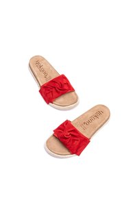 Le ciabatte rosse presentano una tomaia in tessuto morbido con un design annodato, una soletta imbottita e una suola avvolta in juta per una texture aggiuntiva.