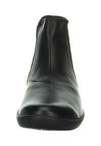 Black leather ankle boot with a smooth texture, rounded toe, elastic side panel, and a low heel design.