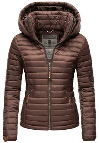 Brown padded jacket with a hood, featuring a zip closure, two side pockets, and textured horizontal quilted pattern.