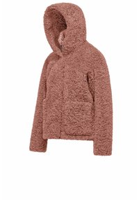 Giacca con cappuccio rosa, morbida e felpata, realizzata in un tessuto testurizzato, con due tasche frontali e chiusura con zip. Design caldo e casual.