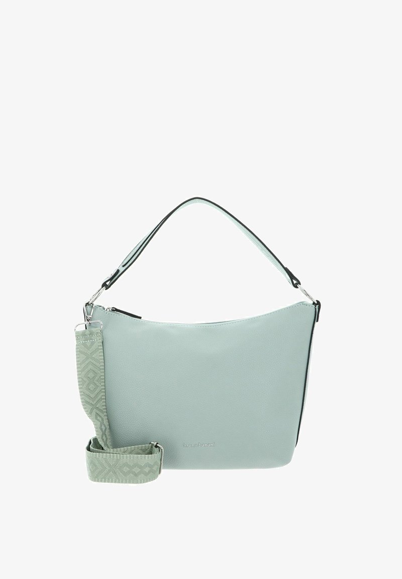 Sac à épaule en cuir vegan vert pâle avec une sangle détachable à motifs, texture lisse et finitions noires, comportant une fermeture éclair.