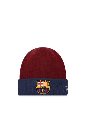 Maroon and navy knit beanie with the FC Barcelona football club logo embroidered on the front cuff.