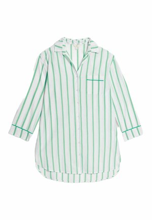 Chemise à col boutonné blanche avec des rayures verticales vertes, dotée d'un col, de manches longues et d'une poche poitrine. Texture de tissu lisse.