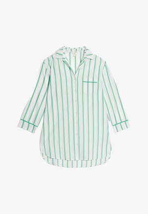 Wit button-down overhemd met groene verticale strepen, voorzien van een kraag, lange mouwen en een borstzak. Gladde stofstructuur.