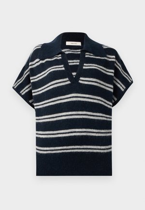 Marineblå og hvite stripete kortermet genser med V-hals og myk, teksturert finish. Har krage med spiss. Designet for en avslappet passform.