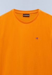 Orange crew-neck t-shirt made of cotton. Features a small embroidered Norwegian flag on the left chest. Soft texture, simple design.