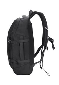 Sac à dos noir en tissu texturé, avec des sangles de compression sur les côtés, des bretelles rembourrées et un accent réfléchissant pour une meilleure visibilité.