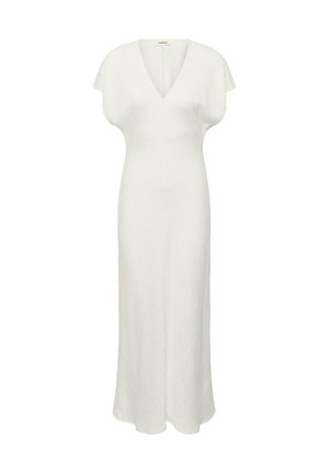 Witte midi-jurk met korte mouwen, V-hals en een licht getailleerde silhouet, gemaakt van gladde stof.