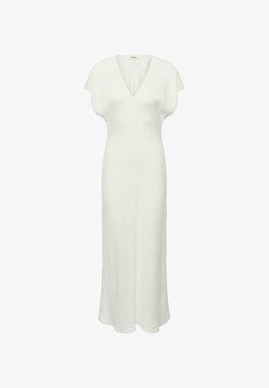 Robe midi blanche avec manches courtes, décolleté en V et silhouette légèrement cintrée en tissu lisse.