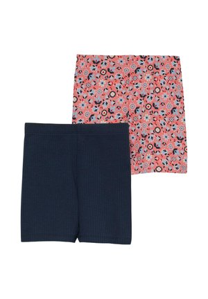 Zwei Paar Kinder-Shorts, eines einfarbig marineblau und eines korallenfarben mit blauem und schwarzem Blumenmuster.
