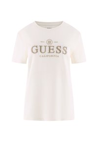 Biała bawełniana koszulka z haftowanymi napisami "GUESS" i "CALIFORNIA" w beżowym kolorze. Krótkie rękawy, okrągły dekolt i luźny krój.