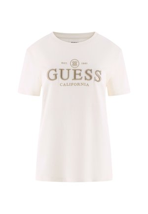 Wit katoenen T-shirt met borduurwerk in beige van "GUESS" en "CALIFORNIA". Korte mouwen, ronde hals en een losse pasvorm.