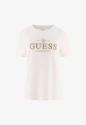 T-shirt bianca in cotone con ricamo beige "GUESS" e "CALIFORNIA". Maniche corte, scollo rotondo e vestibilità comoda.
