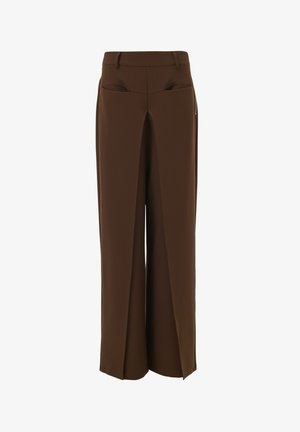 Brown wide-leg trousers featuring a smooth texture, unique cut-out details on the waistband, and a zipper accent on one side.