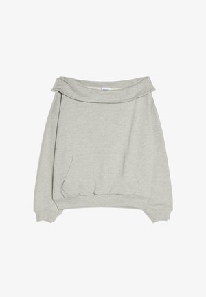 Lichtgrijze off-shoulder trui met lange mouwen, geribbelde manchetten, een kangaroozak aan de voorkant en een brede opgevouwen halslijn.