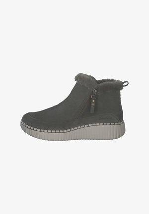 Gray suede ankle boot with faux fur lining, side zipper, and a textured white rubber sole with stitched accents.