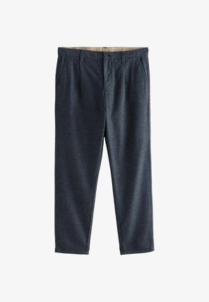 Heren donkergrijze slim-fit broeken met een subtiele ruitpatroon, sluiting met knoop en rits aan de voorkant, en zijzakken.