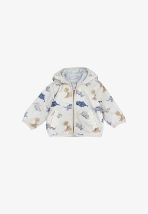 Lehká bunda pro batolata v krémové barvě s potiskem zvířátek. Obsahuje kapuci, přední zip a elastické manžety. Měkká podšívka.