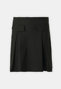 Falda negra con una cintura ajustada, dos bolsillos traseros y detalles plisados en la parte frontal. Confeccionada en una tela liviana con una textura suave.