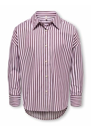 Chemise à manches longues avec boutons, rayures verticales roses et marron et ourlet incurvé, présentée sur fond blanc.