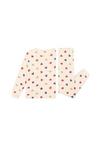 Ensemble de pyjama en coton comprenant un haut à manches longues et un pantalon assorti. Base crème avec des cœurs multicolores aléatoires en rouge, bleu et vert.