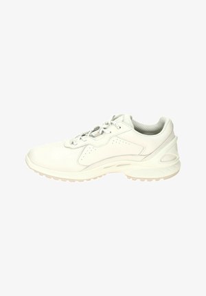 White sneaker with lace-up closure, cushioned collar, perforated side details, and textured sole designed for outdoor use.