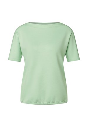 Lichtgroene t-shirt met een relaxte pasvorm, korte mouwen en een brede halslijn. Gemaakt van een gladde stof met een subtiele glans.