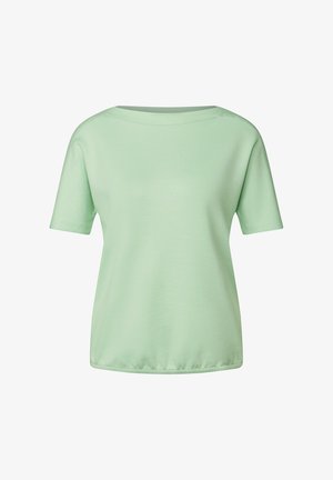 Lichtgroene t-shirt met een relaxte pasvorm, korte mouwen en een brede halslijn. Gemaakt van een gladde stof met een subtiele glans.