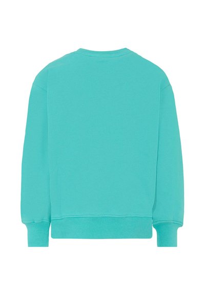Felpa turchese con collo a giro, maniche lunghe e polsini a coste. Tessuto morbido, design cropped e dettagli di orlo cuciti.