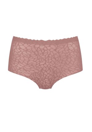 Spitzen-Hipster-Kurzunterhosen in staubigem Rosé, mit einem gewellten Taillenbund und floralem Muster, aus weichem und halbtransparentem Material.