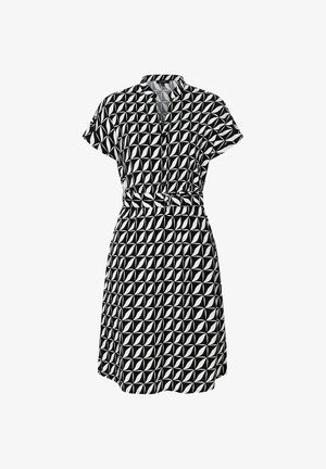 Vestito a maniche corte con motivo geometrico bianco e nero, bottoni sul davanti e cintura abbinata in vita.
