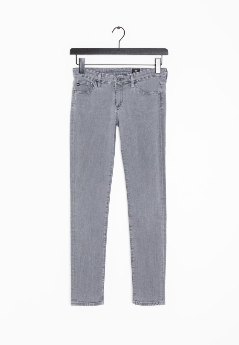 Šedé slim džíny vyrobené z denimu, s klasickým pětipocket designem a jemnými švy. Věší se na černém ramínku.